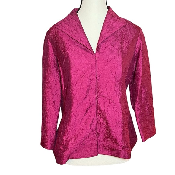 Eileen Fisher Pink Crinkle 100% Silk Button Down Jacket Blazer Women’s Size XS - Picture 1 of 8